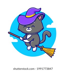Cute Witch Cat Riding Magic Broom Cartoon Vector Icon Illustration. Animal Halloween Icon Concept Isolated Premium Vector. Flat Cartoon Style