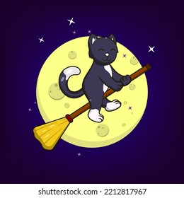 Cute witch cat riding magic broom