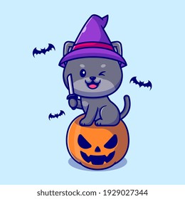 Cute Witch Cat Sitting On Pumpkin Halloween Holding Knife Cartoon Vector Icon Illustration. Animal Holiday Icon Concept Isolated Premium Vector. Flat Cartoon Style