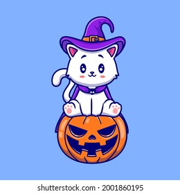 Cute Witch Cat Sitting On Pumpkin Halloween Cartoon Vector Icon Illustration. Animal Holiday Icon Concept Isolated Premium Vector. Flat Cartoon Style