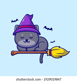 Cute Witch Cat Sleeping On Magic Broom Cartoon Vector Icon Illustration. Animal Holiday Icon Concept Isolated Premium Vector. Flat Cartoon Style