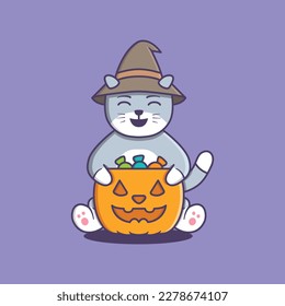 Cute Witch Cat Smile Halloween Cartoon