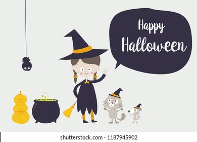 Cute witch cat spider and rat cartoon character wearing black and red cape smiling with happiness vector illustration