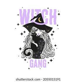 Cute witch and cat wearing hat with stars and moon. Vector illustration. Witch gang funny Halloween slogan. Witch gang slogan.