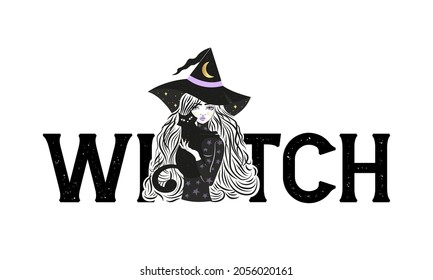 Cute witch and cat wearing hat with stars and moon. Vector illustration. Witch funny Halloween slogan. Witch slogan.