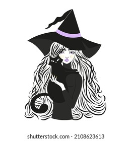 Cute witch and cat wearing hat. Vector illustration