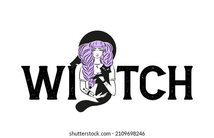 Cute witch and cat wearing hat. Vector illustration. Witch funny Halloween slogan. Witch slogan.