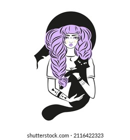 Cute witch and cat wearing hat. Vector illustration