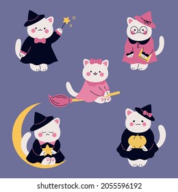 Cute witch cats with magic attributes: magic wand, magic spell book, broom. Happy Halloween set. Vector illustration.

