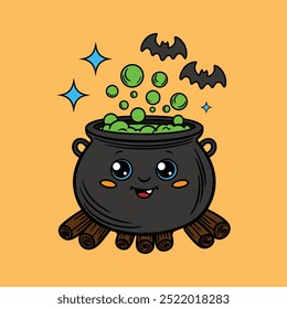 A Cute Witch Cauldron with Happy Face, Magical Water Boiling and Bubble Comes Up Illustration. Halloween Festival.