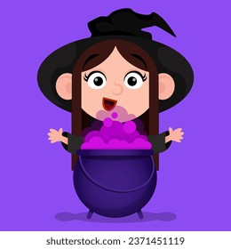 Cute witch character with cauldron and pink potion