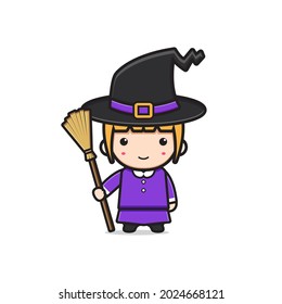 Cute witch character halloween cartoon icon illustration. Design isolated flat cartoon style