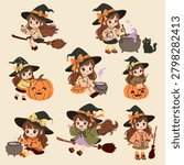 Cute Witch Characters with Pumpkins and Cauldrons