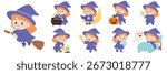 Cute Witch Characters in Various Halloween Scenes