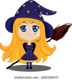 Cute witch. Chibi witch. Halloween illustration.