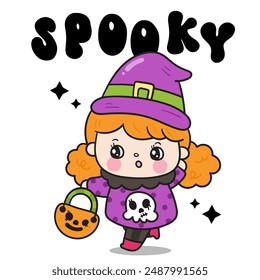 Cute witch clipart holding pumpkin candy Groovy Halloween. Series: Retro cartoon kawaii drawing (trick or treaters) Kids party. Perfect make a wish for background, greeting card, pattern, nursery.