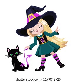 Cute witch conjures by pouring out a magic potion on a black cat.