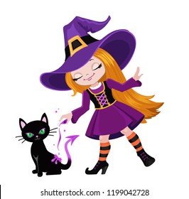 Cute witch conjures by pouring out a magic potion on a black cat.
