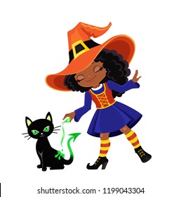 Cute witch conjures by pouring out a magic potion on a black cat.