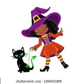 Cute witch conjures by pouring out a magic potion on a black cat.