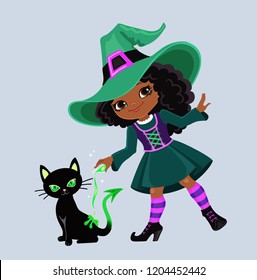 Cute witch conjures by pouring out a magic potion on a black cat.