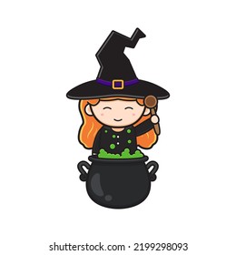 Cute Witch Cooking Poison Cartoon Icon Illustration. Design Isolated Flat Cartoon Style