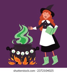 Cute witch is cooking a potion and looking at a book.Witch's cauldron.Halloween.Autumn.Hand drawn style