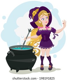 Cute witch cooks potion and admires ring