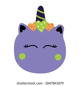 Maíz de bruja, cara de unicornio, ilustración plana. Concepto de Halloween.