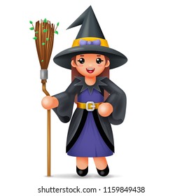 Cute witch costume halloween child girl masquerade party kid character flat 3d design vector illustration