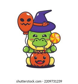 Cute witch dino holding halloween balloon and candy. Cute halloween cartoon illustration. 