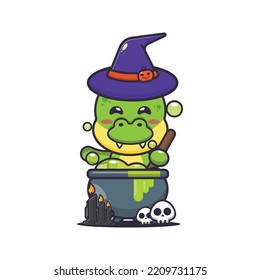 Cute witch dino making potion in halloween day. Cute halloween cartoon illustration.