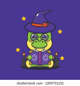 Cute witch dino reading spell book. Cute halloween cartoon illustration.