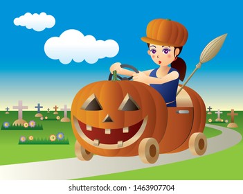 Cute witch driving a Halloween style pumpkin car
