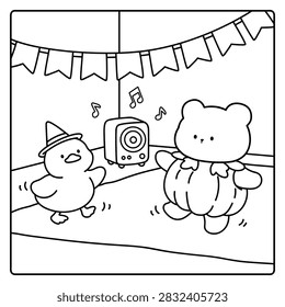 Cute Witch Duck and Bear in Pumpkin Costume Dancing at a Halloween Party Coloring Page for Kids. Fun Halloween Coloring Page, Witch Duck and Cute Bear Wearing a Pumpkin Costume Dancing Together at a Festive Halloween Party at Night with Easy Black and White Line Art with Bold Simple Outlines and Large Coloring Areas. Fun Spooky Night Theme Cozy Coloring Page Cute Animal Friends Perfect for Kids, Toddlers, Preschoolers, Kindergarten Students, Homeschool Activities Printable and Creative Learning Fun.