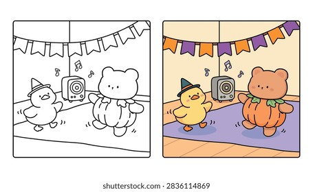 Cute Witch Duck and Bear in Pumpkin Costume Dancing at a Halloween Party Coloring Page for Kids. Fun Halloween Coloring Page, Witch Duck and Cute Bear Wearing a Pumpkin Costume Dancing Together at a Festive Halloween Party at Night with Easy Black and White Line Art with Bold Simple Outlines and Large Coloring Areas. Fun Spooky Night Theme Cozy Coloring Page Cute Animal Friends Perfect for Kids, Toddlers, Preschoolers, Kindergarten Students, Homeschool Activities Printable and Creative Learning Fun.