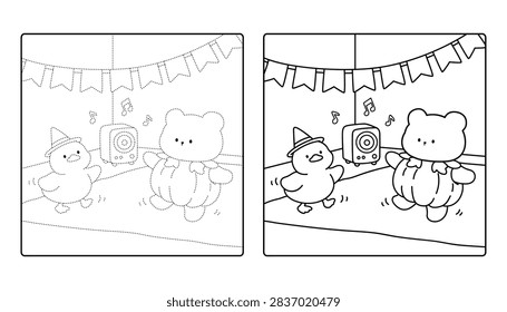 Cute Witch Duck and Bear in Pumpkin Costume Dancing at a Halloween Party Coloring Page for Kids. Fun Halloween Coloring Page, Witch Duck and Cute Bear Wearing a Pumpkin Costume Dancing Together at a Festive Halloween Party at Night with Easy Black and White Line Art with Bold Simple Outlines and Large Coloring Areas. Fun Spooky Night Theme Cozy Coloring Page Cute Animal Friends Perfect for Kids, Toddlers, Preschoolers, Kindergarten Students, Homeschool Activities Printable and Creative Learning Fun.