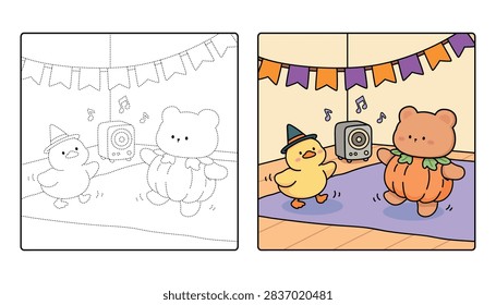 Cute Witch Duck and Bear in Pumpkin Costume Dancing at a Halloween Party Coloring Page for Kids. Fun Halloween Coloring Page, Witch Duck and Cute Bear Wearing a Pumpkin Costume Dancing Together at a Festive Halloween Party at Night with Easy Black and White Line Art with Bold Simple Outlines and Large Coloring Areas. Fun Spooky Night Theme Cozy Coloring Page Cute Animal Friends Perfect for Kids, Toddlers, Preschoolers, Kindergarten Students, Homeschool Activities Printable and Creative Learning Fun.
