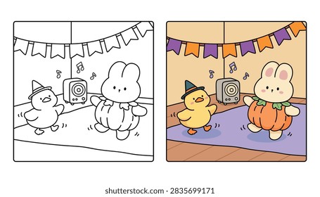 Cute Witch Duck and Bunny in Pumpkin Costume Dancing at a Halloween Party Coloring Page for Kids. Fun Halloween Coloring Page, Witch Duck and Cute Bunny Wearing a Pumpkin Costume Dancing Together at a Festive Halloween Party at Night with Easy Black and White Line Art with Bold Simple Outlines and Large Coloring Areas. Fun Spooky Night Theme Cute Animal Friends Perfect for Kids, Toddlers, Preschoolers, Kindergarten Students, Homeschool Activities Printable and Creative Learning Fun.