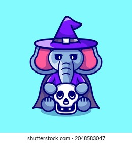 cute witch elephant holding skull, suitable for cute animal halloween t-shirts or mascot designs