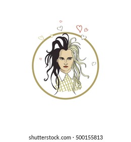 Cute witch emblem with funny disheveled hear and colorfull handdrawn hearts. Vector decorative element.