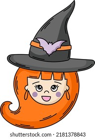 Cute witch face with ginger hair vector illustration. Funny cartoon mystic girl in a hat with bat. Halloween character clipart