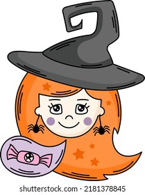 Cute witch face with ginger hair vector illustration. Funny cartoon mystic girl in a hat. Halloween character with candy clipart