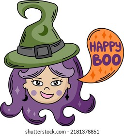 Cute witch face vector illustration. Funny cartoon magic girl with purple hair. Happy boo Halloween character clipart