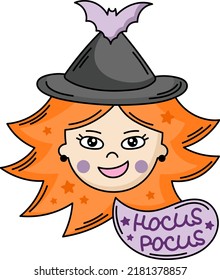 Cute witch face vector illustration. Funny cartoon mystic girl with ginger hair. Hocus pocus Halloween character clipart