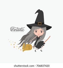 cute witch fantastic character flying in broom and colorful sparks and stars on white background vector illustration
