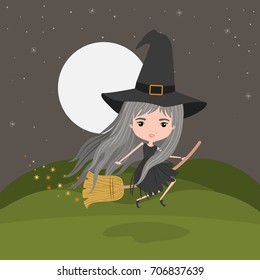 cute witch fantastic character flying with broom in mountain night landscape background vector illustration