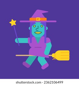 Cute witch flies on broom and holds magic wand. Vector Illustration