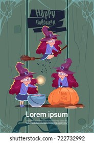 Cute Witch Fly On Broom Stick, Cook Potion In Pot, Happy Halloween Banner Party Celebration Flat Vector Illustration