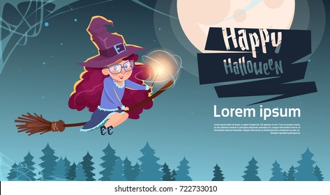 Cute Witch Fly On Broom Stick, Happy Halloween Banner Party Celebration Flat Vector Illustration